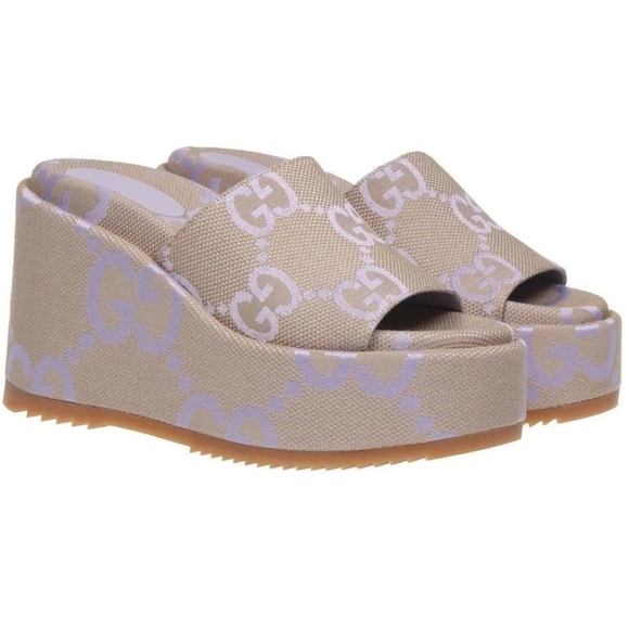 NIB Gucci Macro Jumbo GG Canvas Platform Wedges Sz37 - Picture 1 of 12
